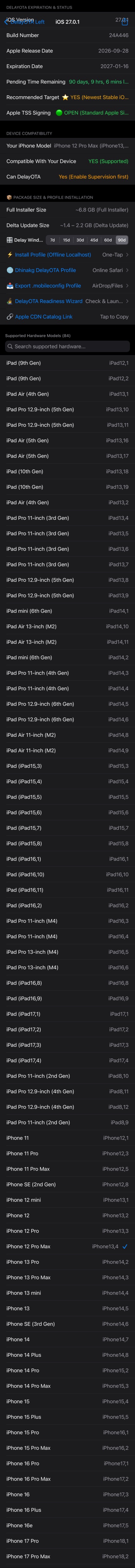 DelayOTA Left iOS 27.0.1 Supported Hardware List